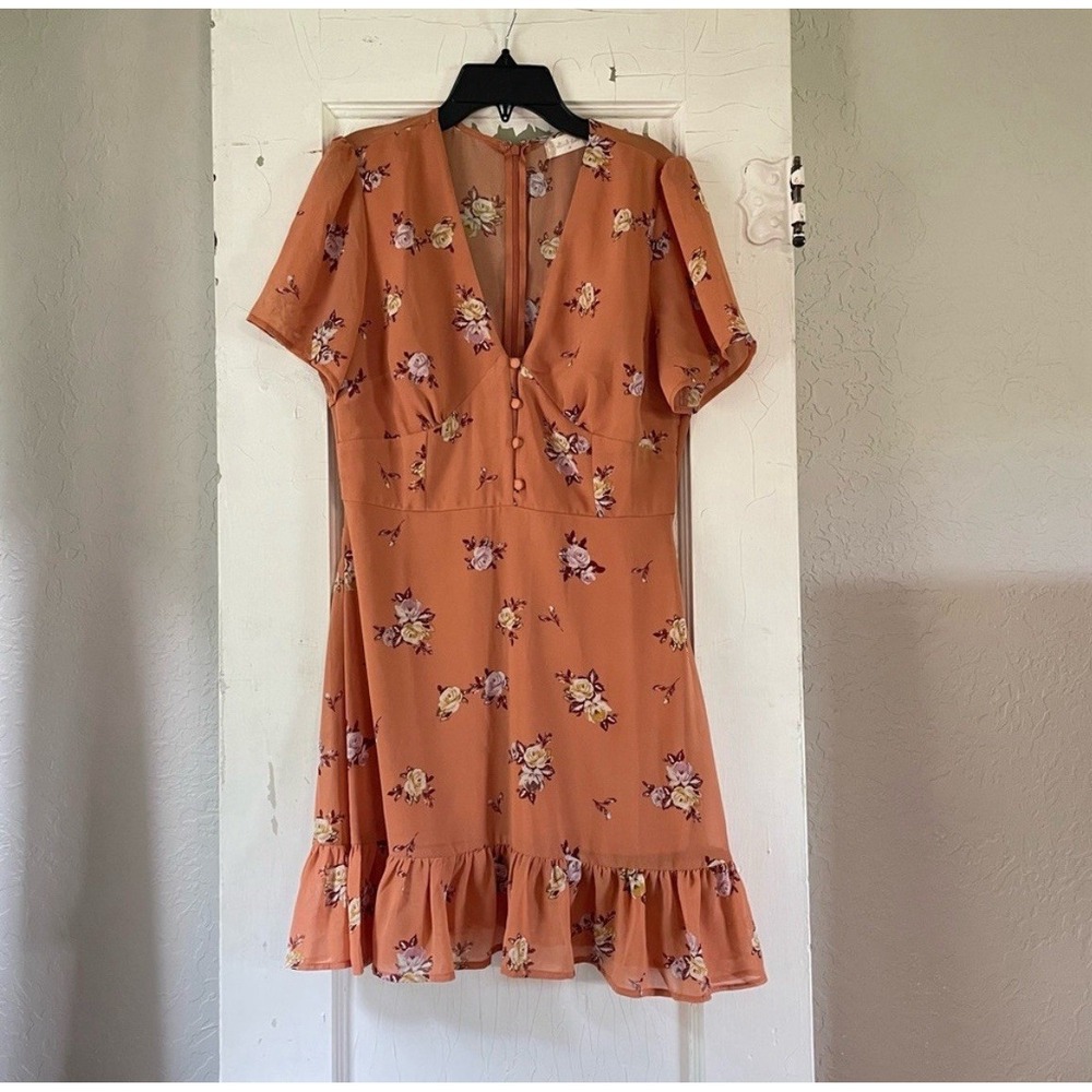 Altar'd State Floral V-Neck Mini‎ Dress Orange Terracotta Ruffle Hem Size M